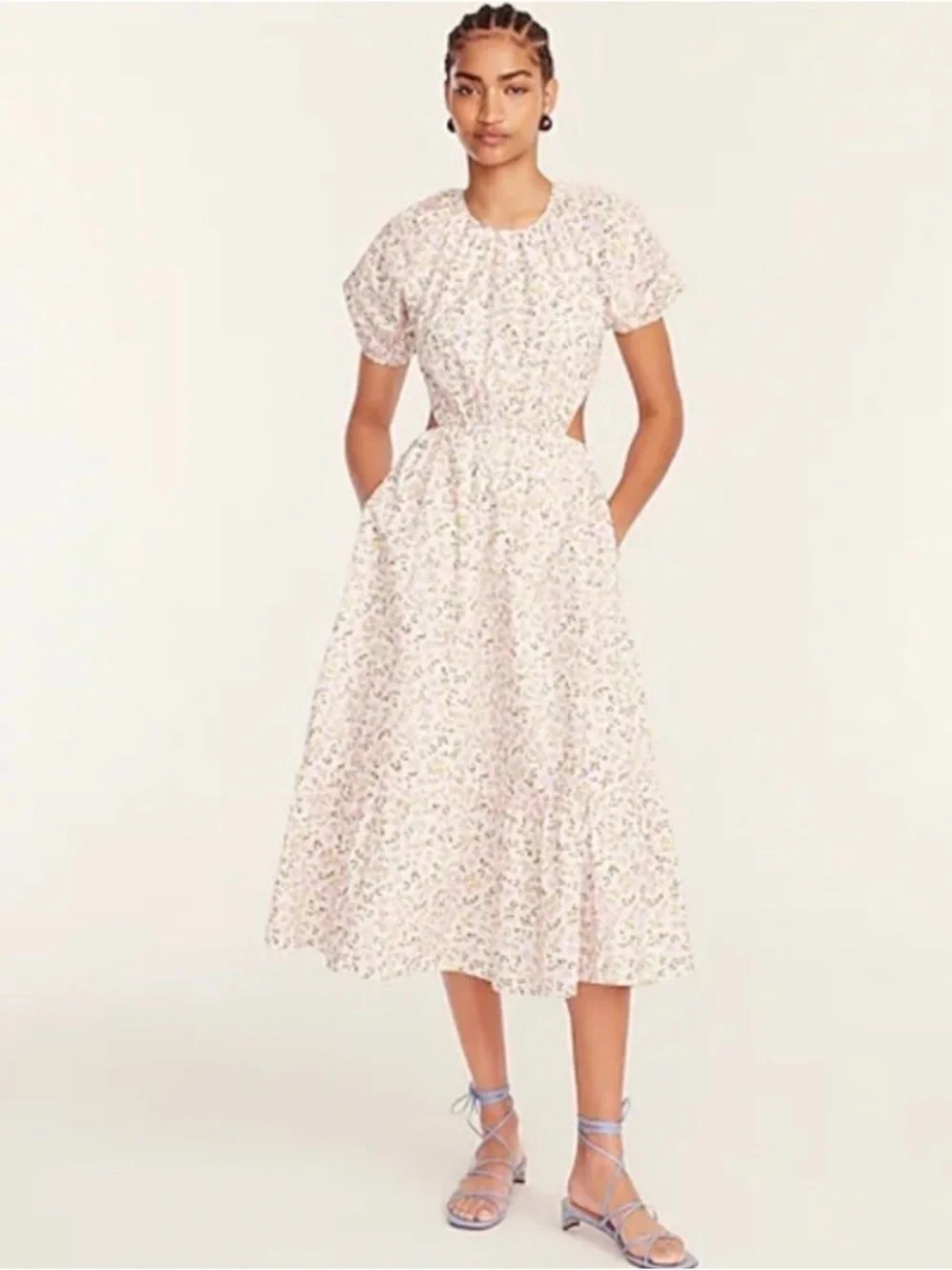 J. Crew Pastel Floral Puff-Sleeve Midi Dress